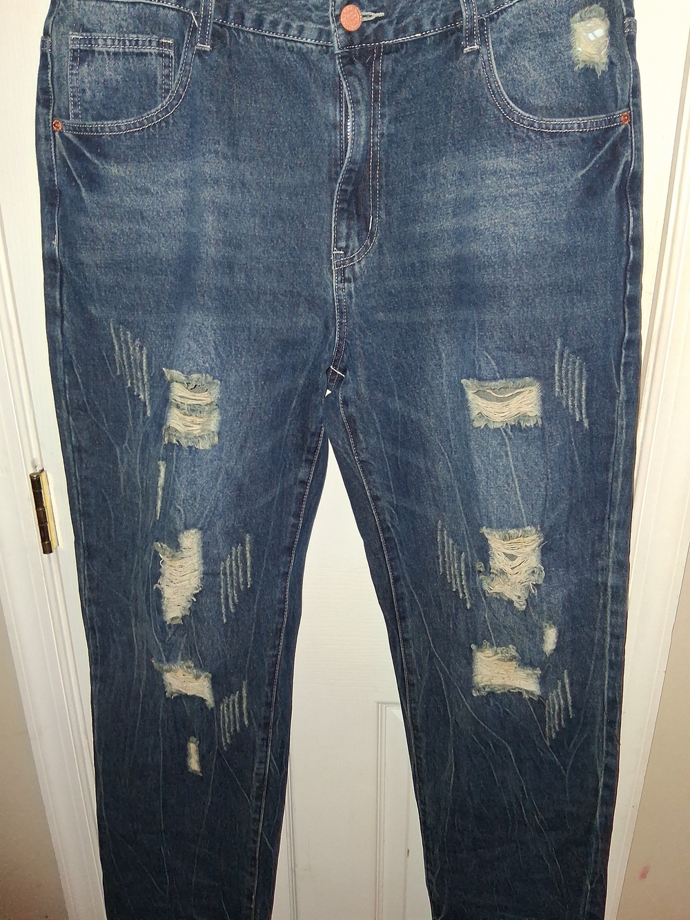 Men's Slim Straight Distressed Dark Blue Jeans